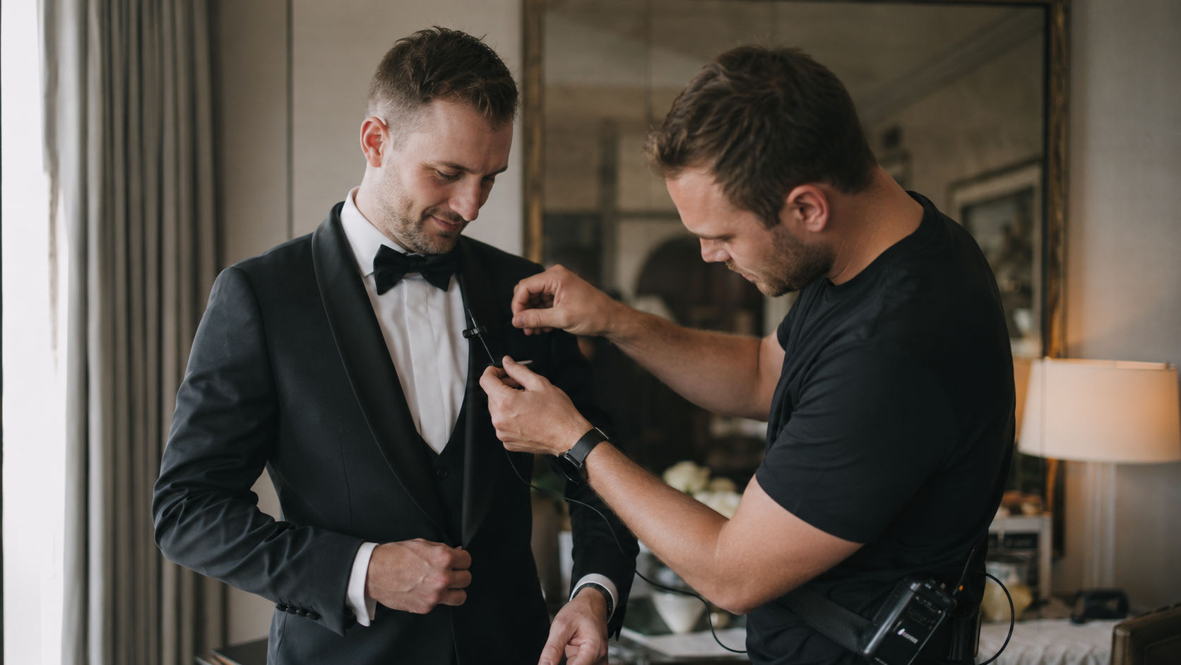 Wedding filmmaker attaching a lavalier microphone to a groom before the ceremony