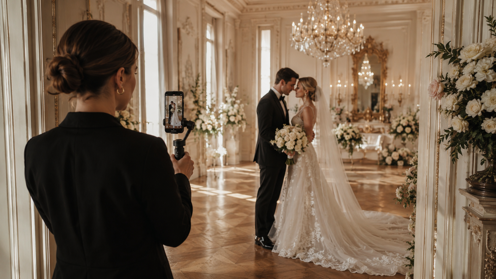 Professional wedding filmmaker recording a ceremony with a cinema camera