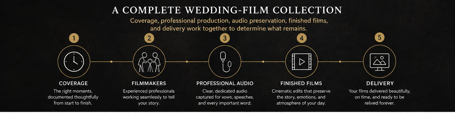 Wedding videography package components including coverage, filmmakers, professional audio, finished films, and delivery